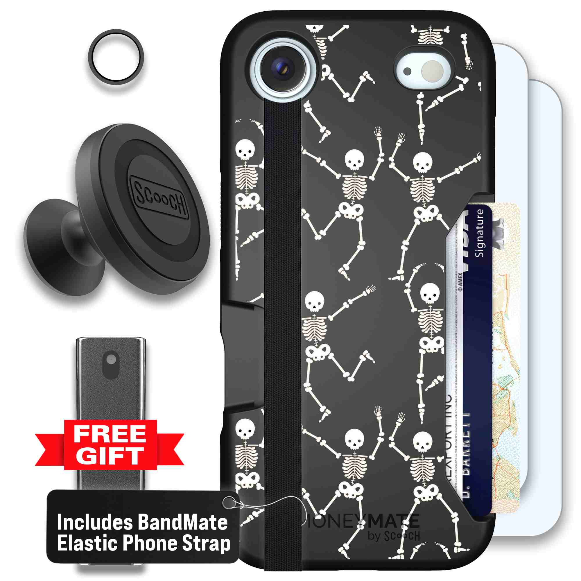 Swinging Skeletons white dancing skeleton pattern on a black Scooch Moneymate case for iPhone Air - Defender Bundle
