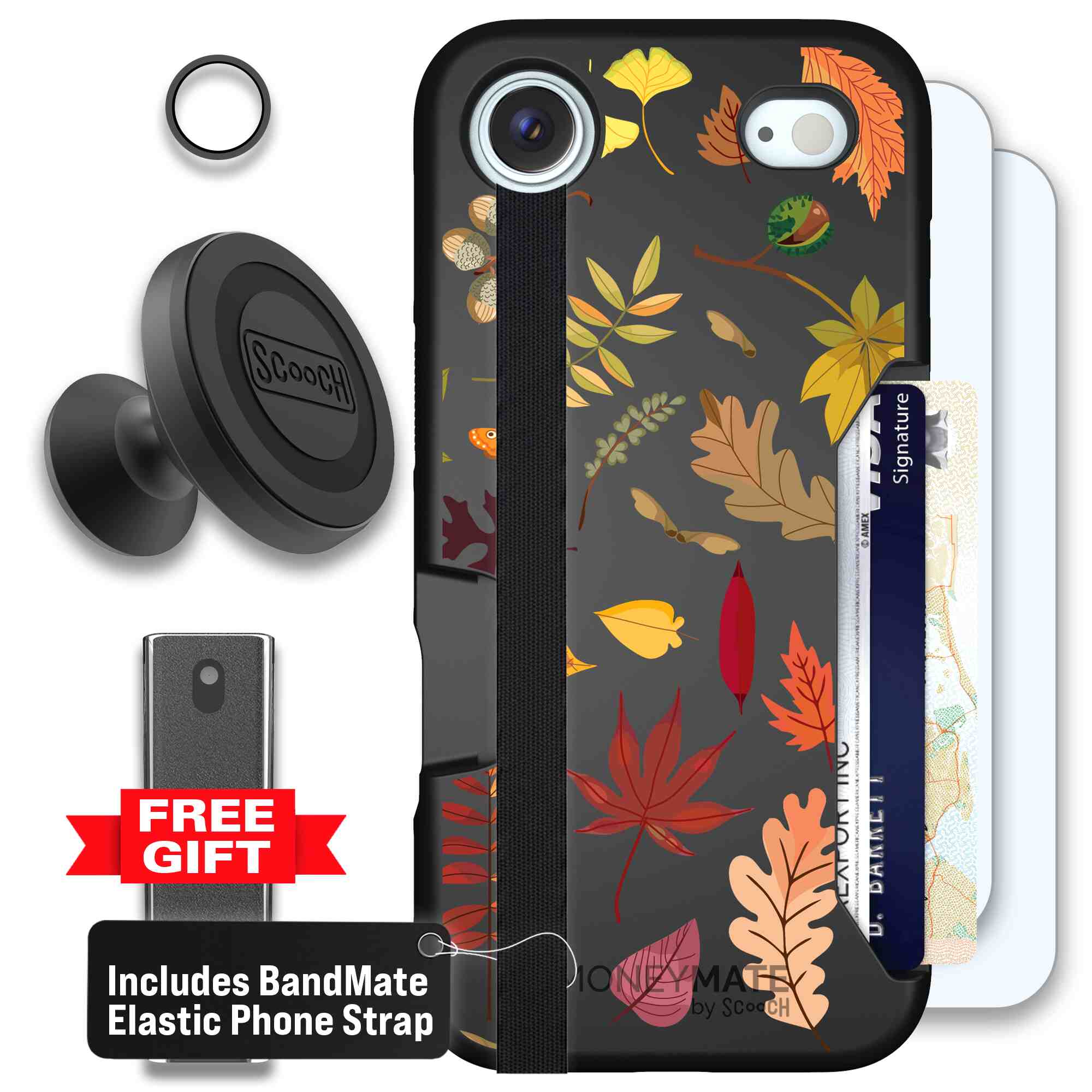 Autumn Leaves multicolored fall foliage pattern on a charcoal Scooch Moneymate case for iPhone Air - Defender Bundle
