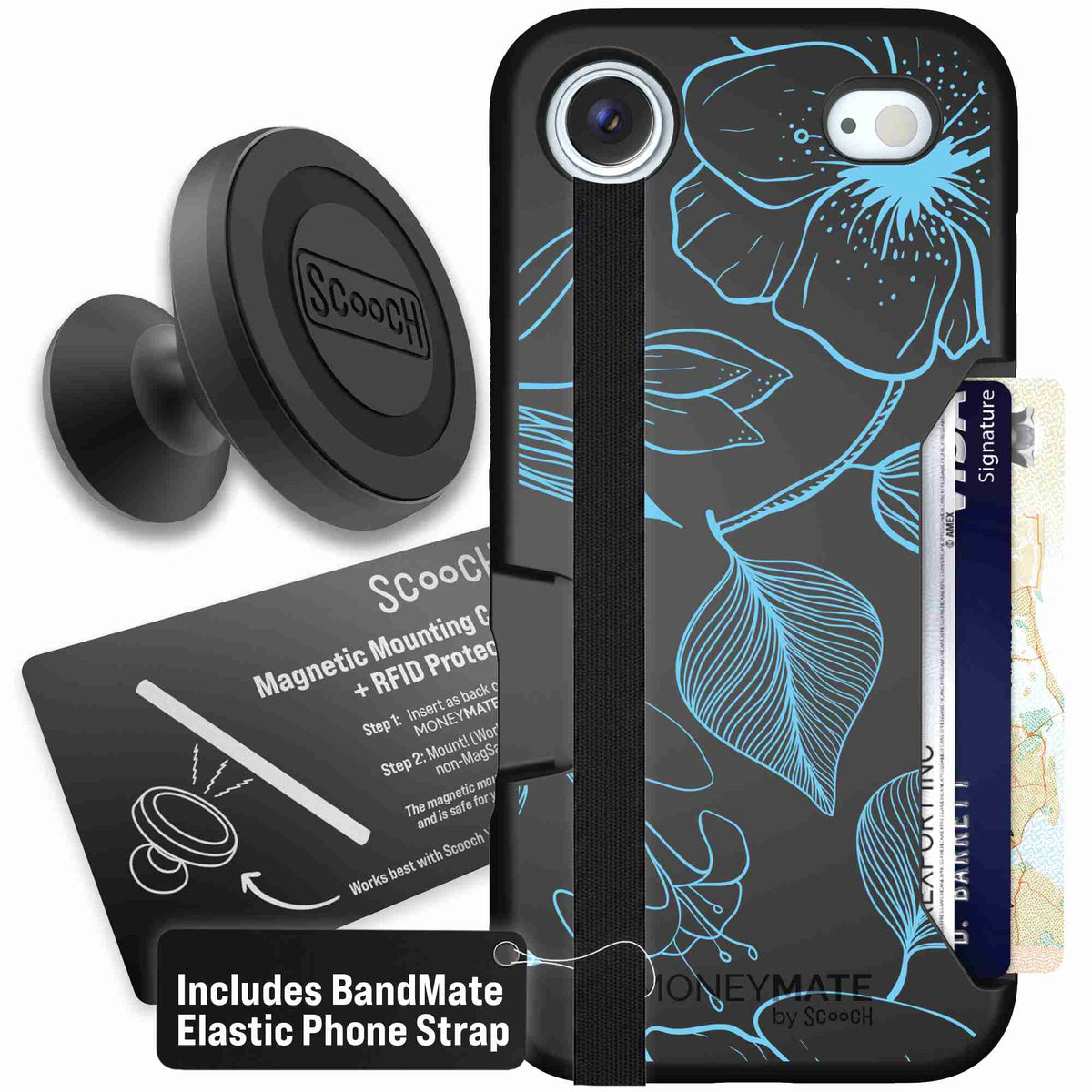 Blue Hibiscus cyan-blue tropical flower pattern on a charcoal Scooch Moneymate case for iPhone Air - Starter Bundle
