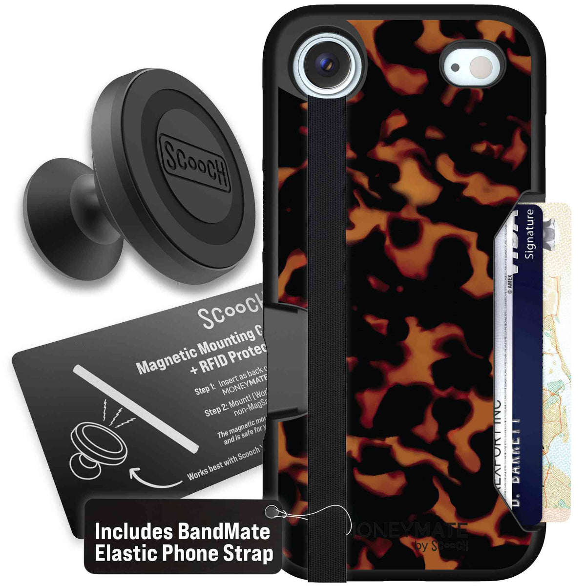 Tortoise Shell amber brown and black mottled pattern on a Scooch Moneymate case for iPhone Air - Starter Bundle