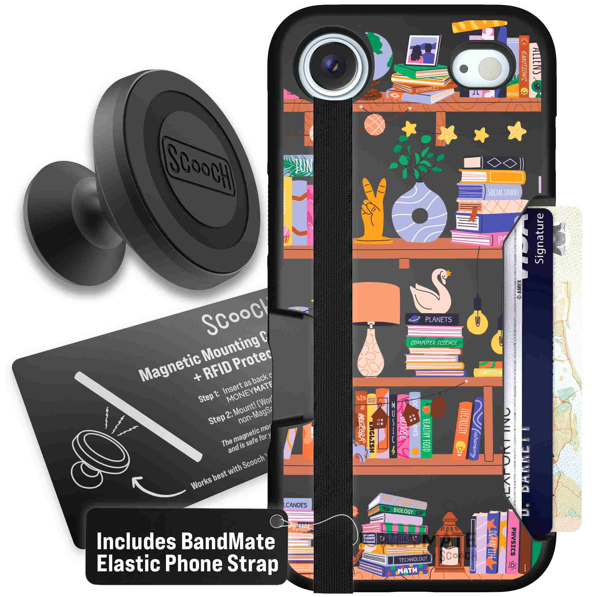 Little Library colorful book and bookshelf pattern on a Scooch Moneymate case for iPhone Air - Starter Bundle