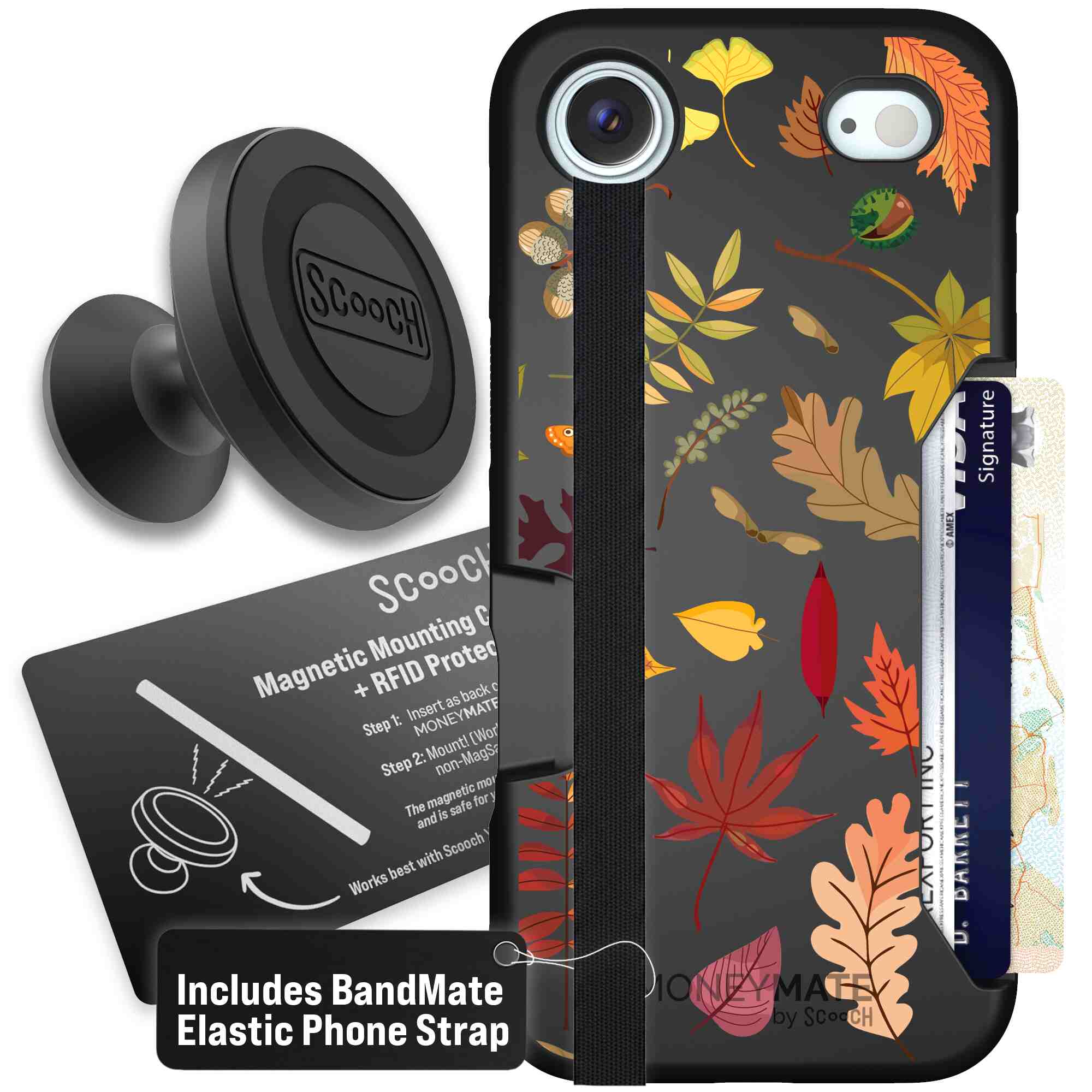 Autumn Leaves multicolored fall foliage pattern on a charcoal Scooch Moneymate case for iPhone Air - Starter Bundle