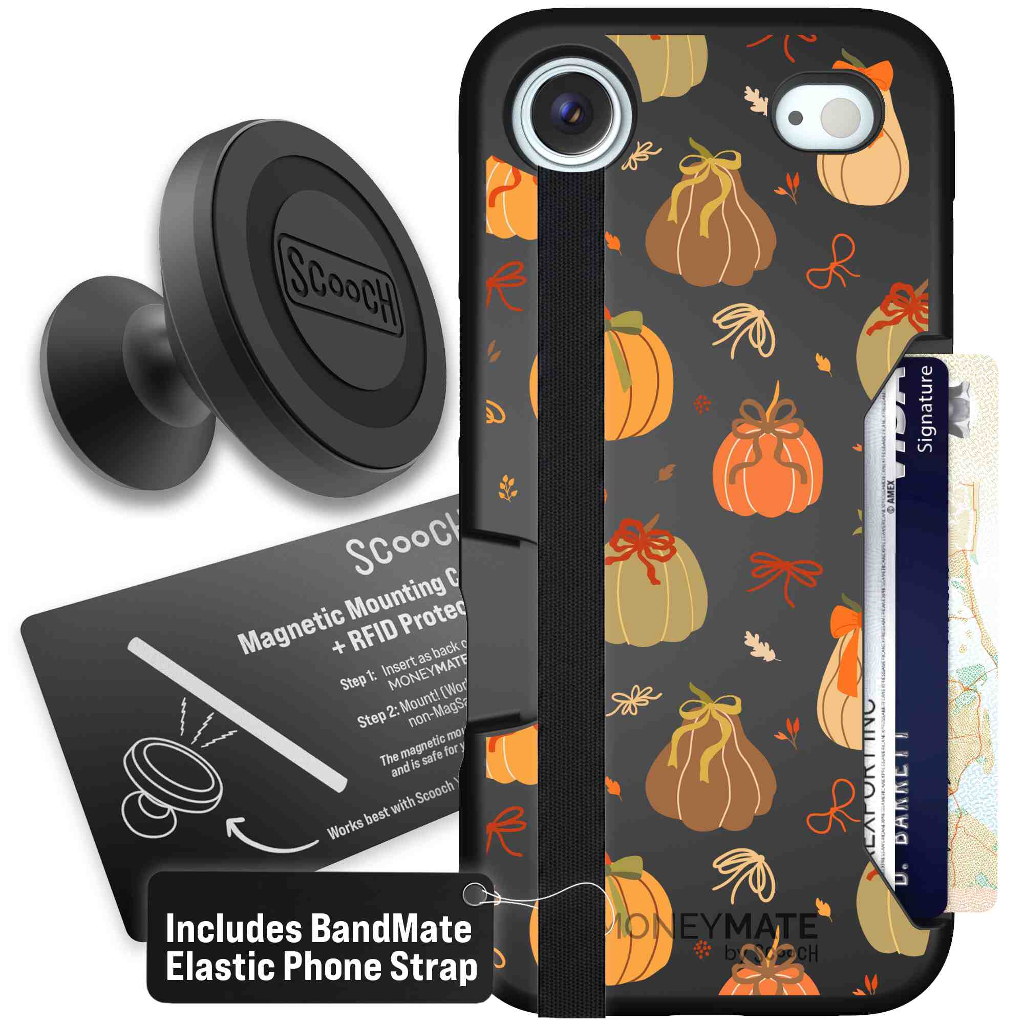 Pretty Pumpkins orange pumpkin and bow pattern on a Scooch Moneymate case for iPhone Air - Starter Bundle