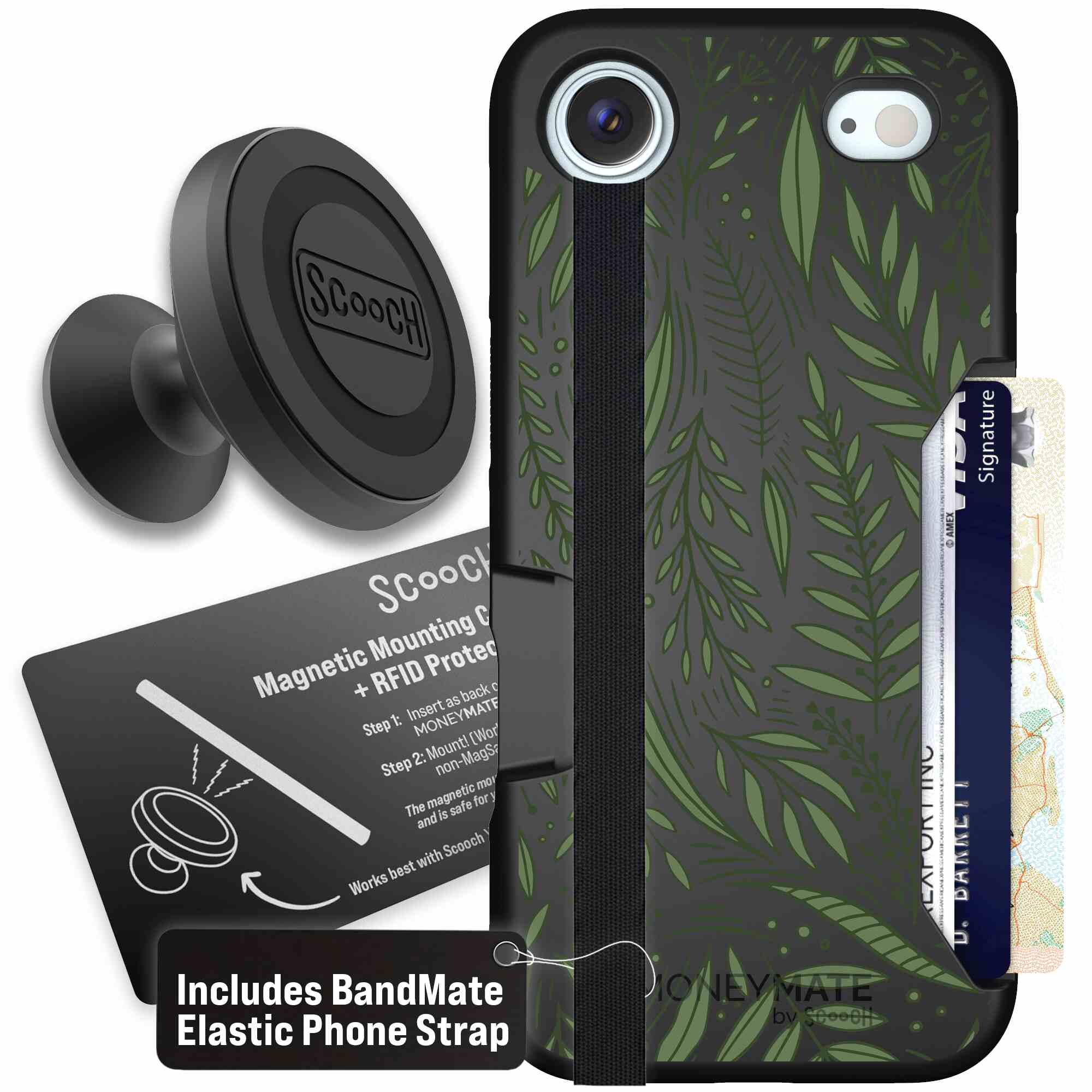 Willow Garden layered green leaves and branches on a charcoal Scooch Moneymate case for iPhone Air - Starter Bundle