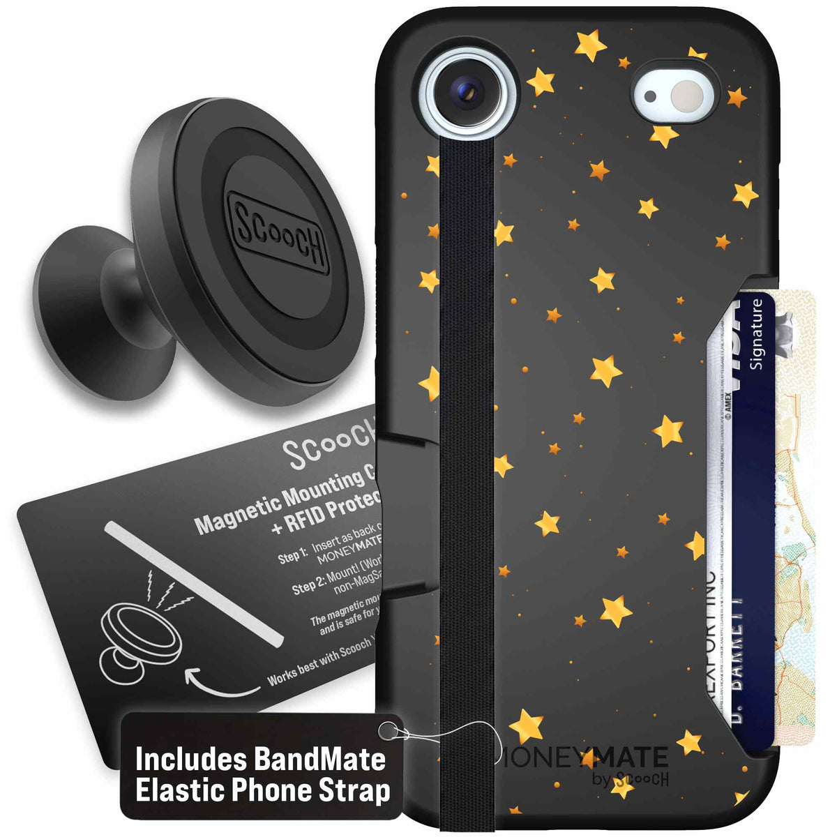 Gold Stars yellow and gold star pattern on a charcoal Scooch Moneymate case for iPhone Air - Starter Bundle