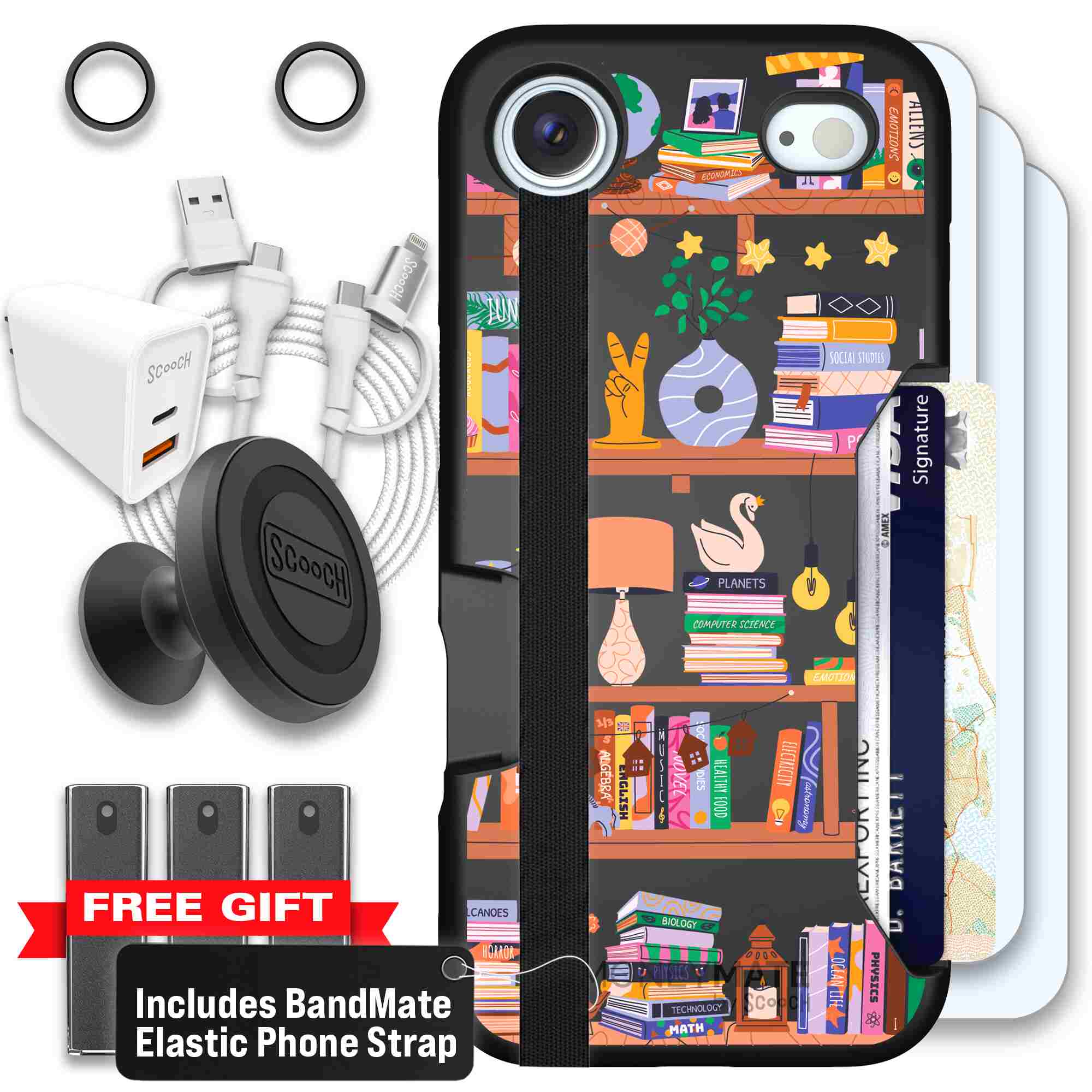 Little Library colorful book and bookshelf pattern on a Scooch Moneymate case for iPhone Air - Ultimate Bundle