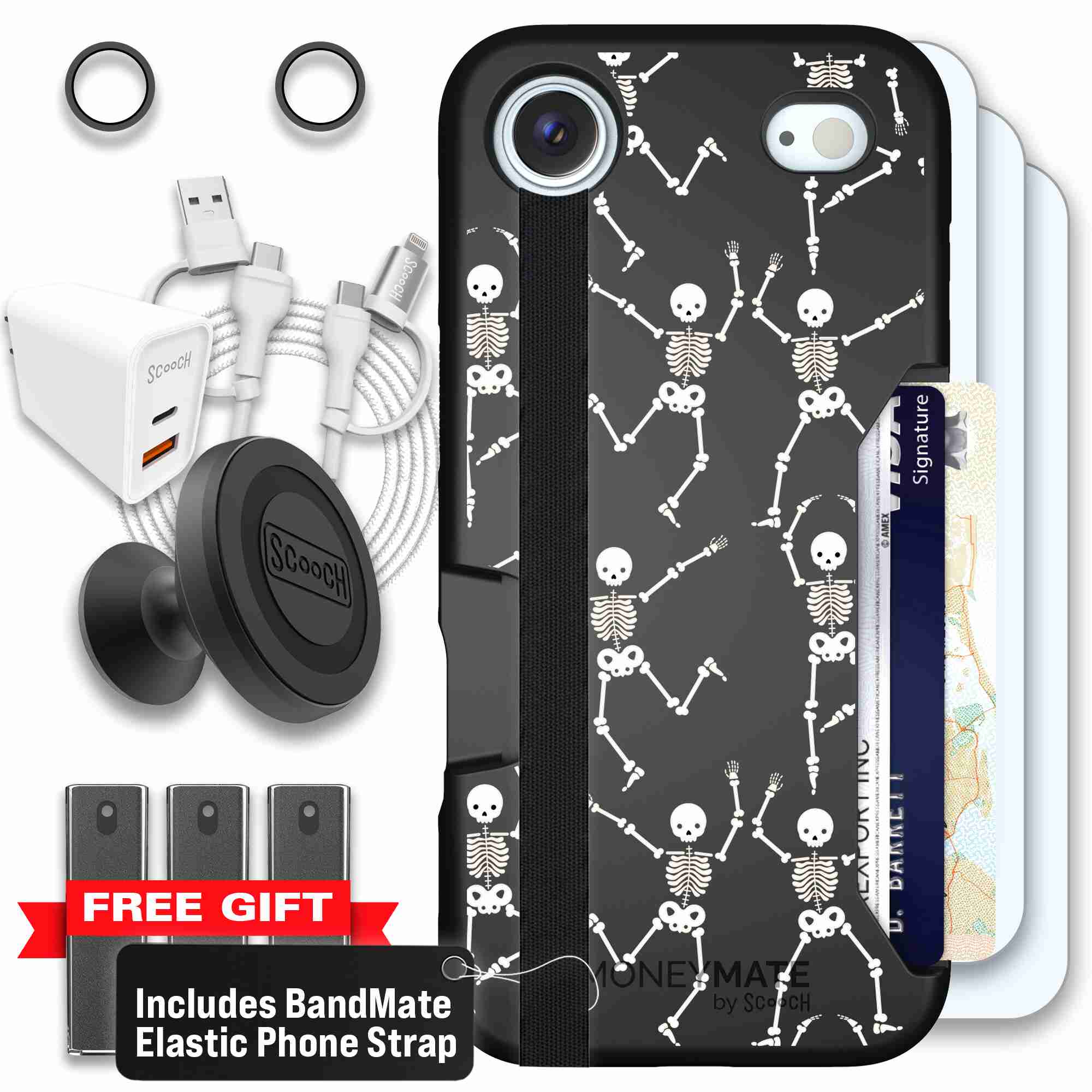Swinging Skeletons white dancing skeleton pattern on a black Scooch Moneymate case for iPhone Air - Ultimate Bundle