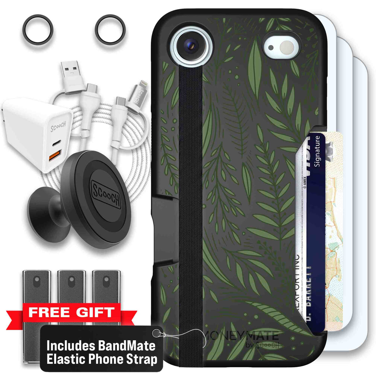 Willow Garden layered green leaves and branches on a charcoal Scooch Moneymate case for iPhone Air - Ultimate Bundle
