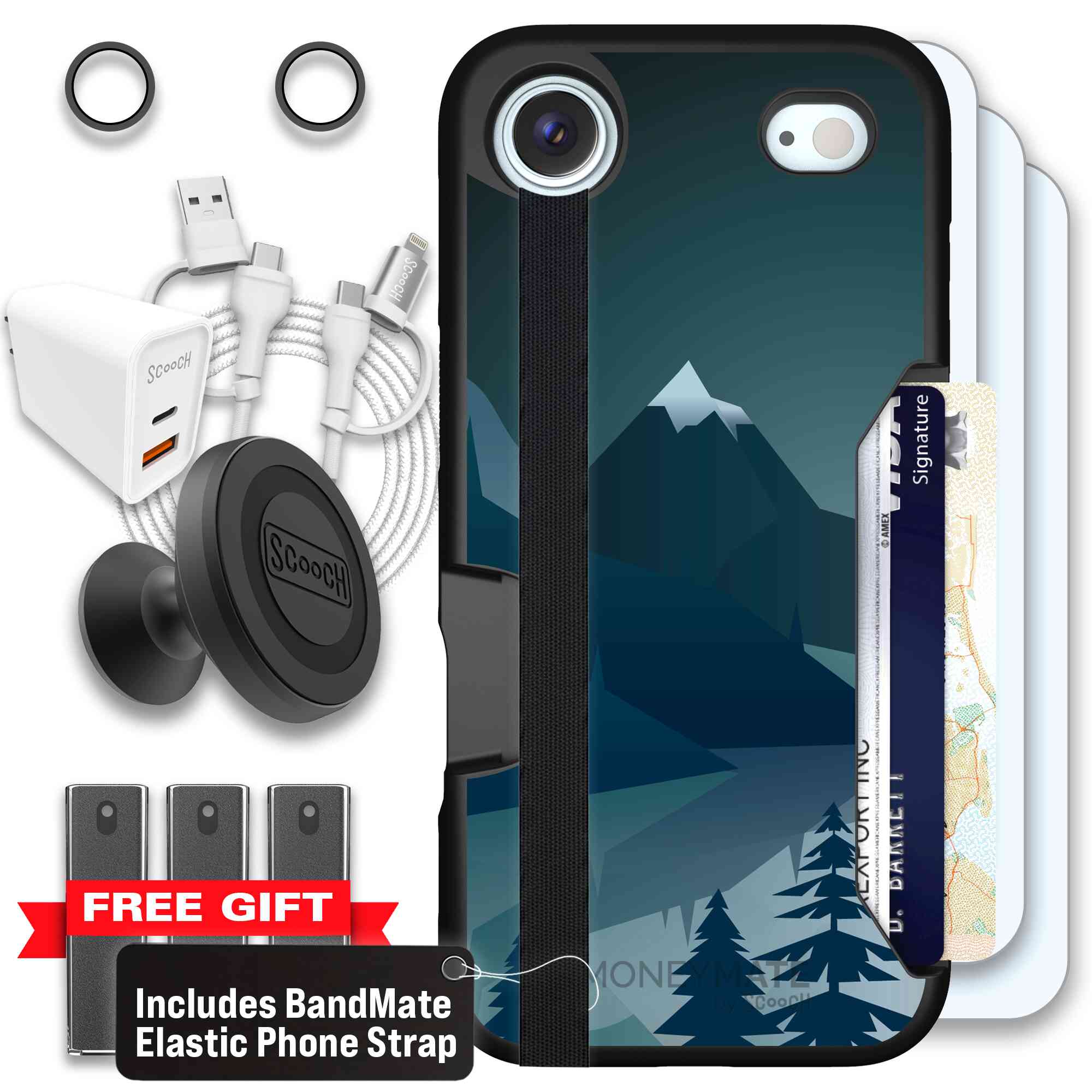 Midnight Ridge layered blue mountains and evergreen trees on a Scooch Moneymate case for iPhone Air - Ultimate Bundle