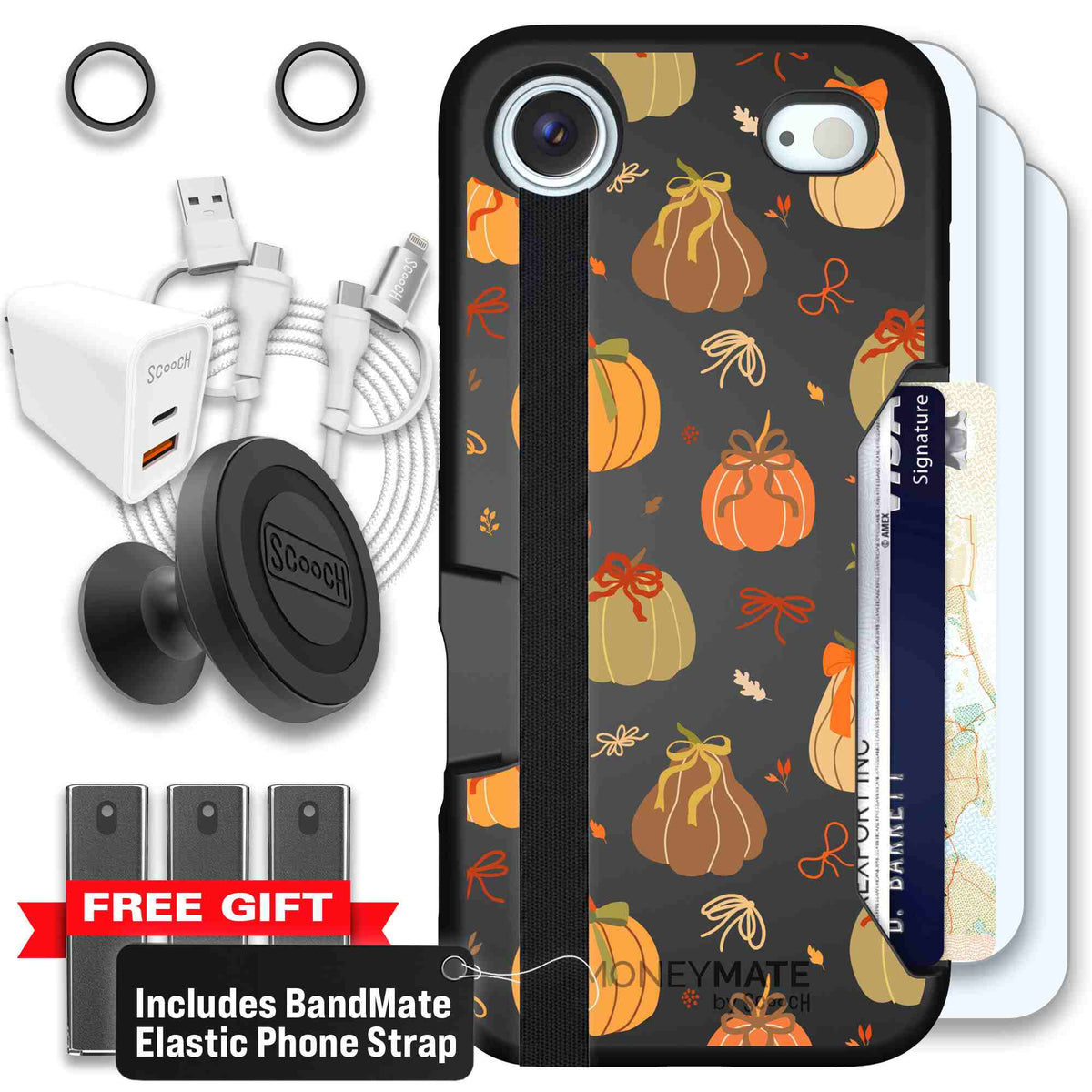 Pretty Pumpkins orange pumpkin and bow pattern on a Scooch Moneymate case for iPhone Air - Ultimate Bundle