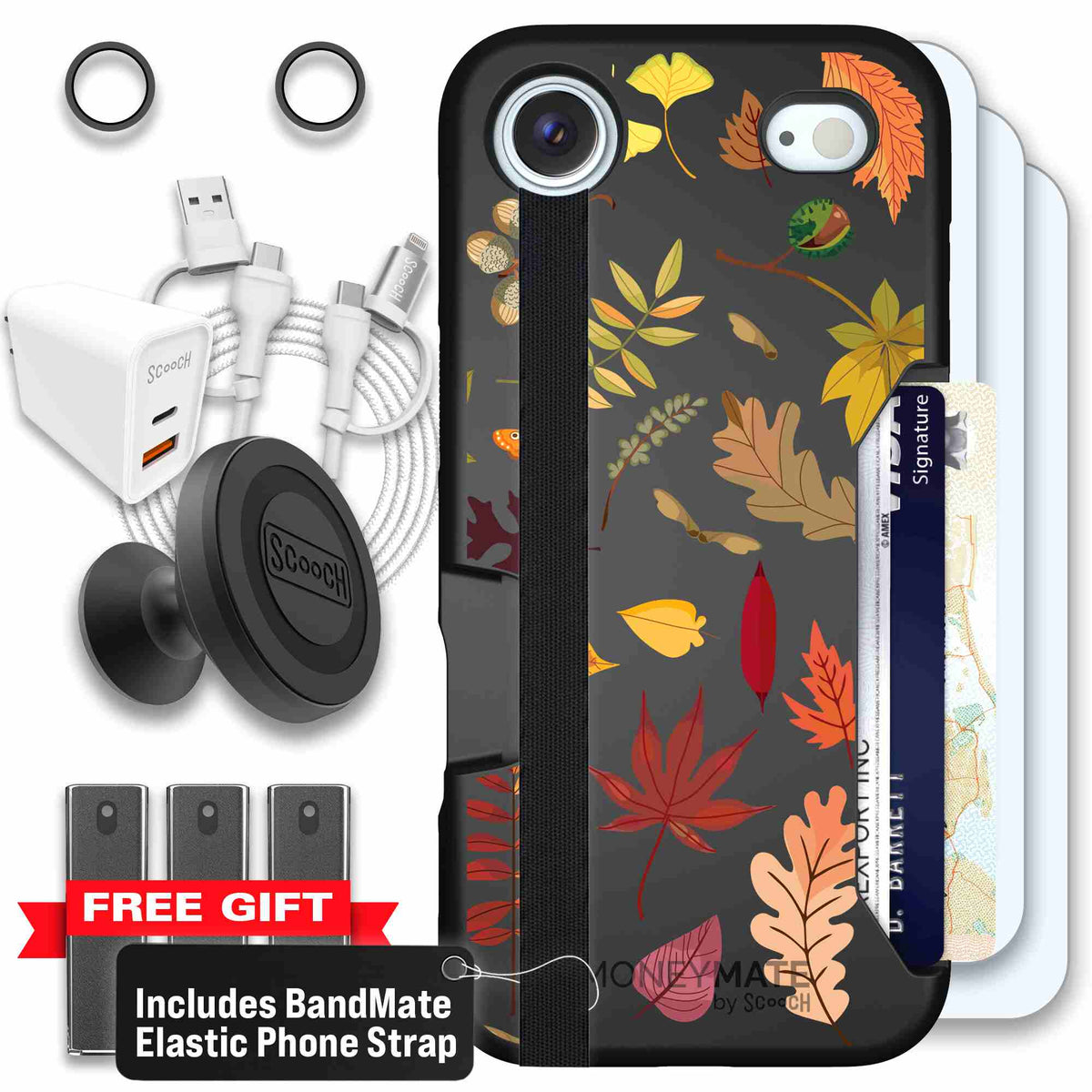 Autumn Leaves multicolored fall foliage pattern on a charcoal Scooch Moneymate case for iPhone Air - Ultimate Bundle