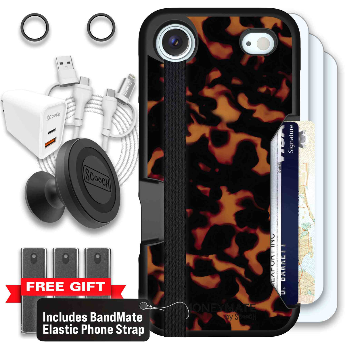 Tortoise Shell amber brown and black mottled pattern on a Scooch Moneymate case for iPhone Air - Ultimate Bundle