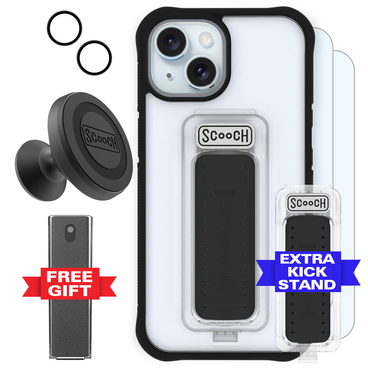 Scooch Wingman Defender Bundle for iPhone 15 in Tuxedo Clear
