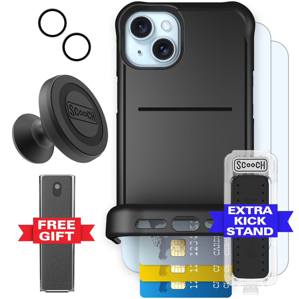 Scooch Wingman Defender Bundle for iPhone 15 Plus in Tuxedo Clear
