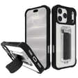 Scooch Wingman Tuxedo Clear case for iPhone 18 Pro Max, angled views on silver phone