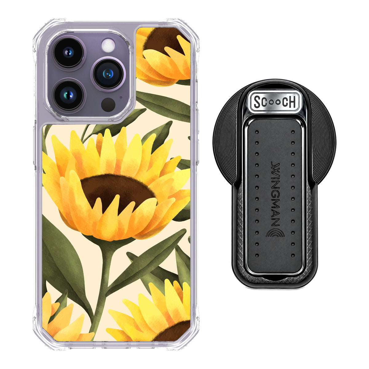 Scooch MagCase Blooming Sunflowers for iPhone 14 Pro — MagSafe Wingback Bundle - Black