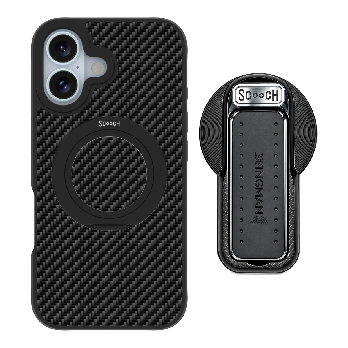 Scooch MagCase Carbon Fiber for iPhone 16 — MagSafe Wingback Bundle - Black