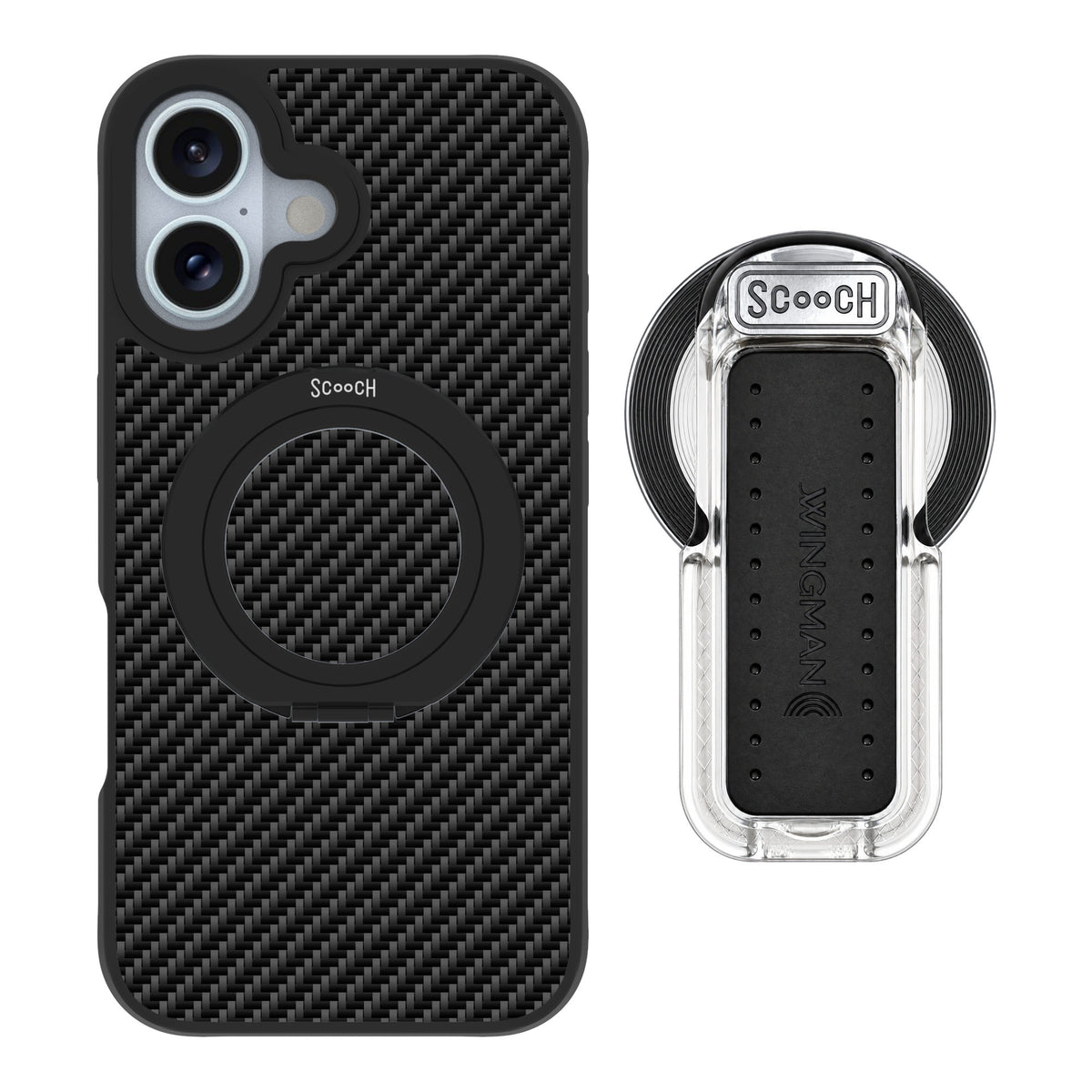 Scooch MagCase Carbon Fiber for iPhone 16 — MagSafe Wingback Bundle - Clear