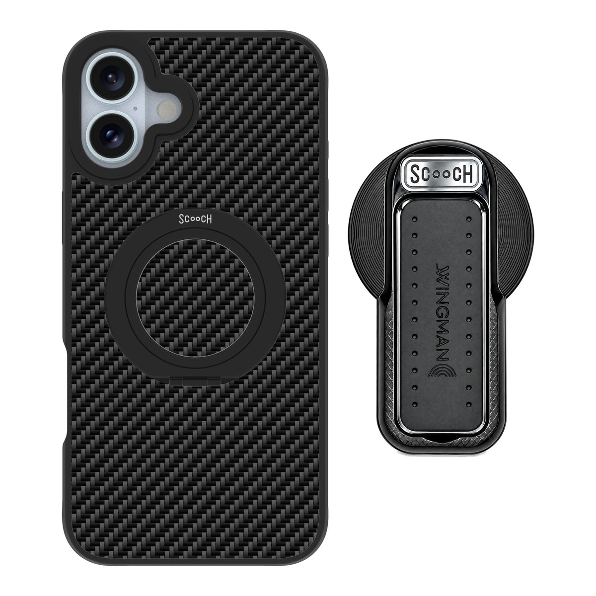 Scooch MagCase Carbon Fiber for iPhone 16 Plus — MagSafe Wingback Bundle - Black