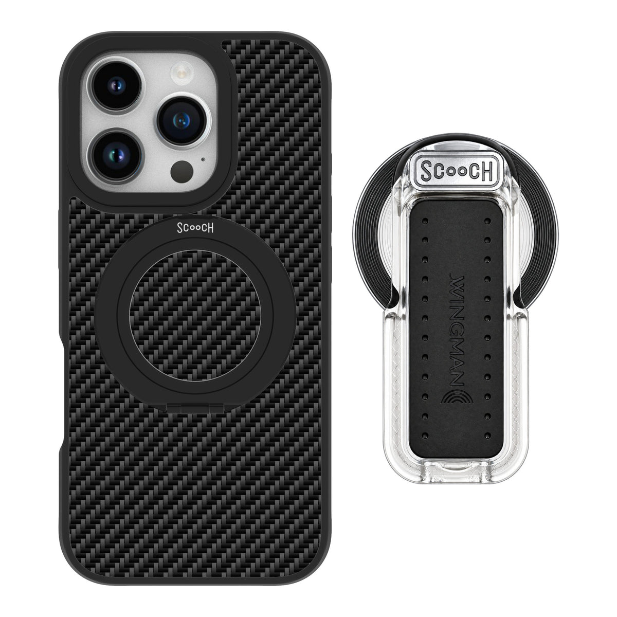 Scooch MagCase Carbon Fiber for iPhone 16 Pro — MagSafe Wingback Bundle - Clear