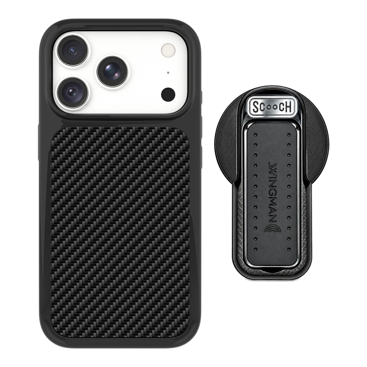 Scooch MagCase Carbon Fiber for iPhone 18 Pro — MagSafe Wingback Bundle - Black