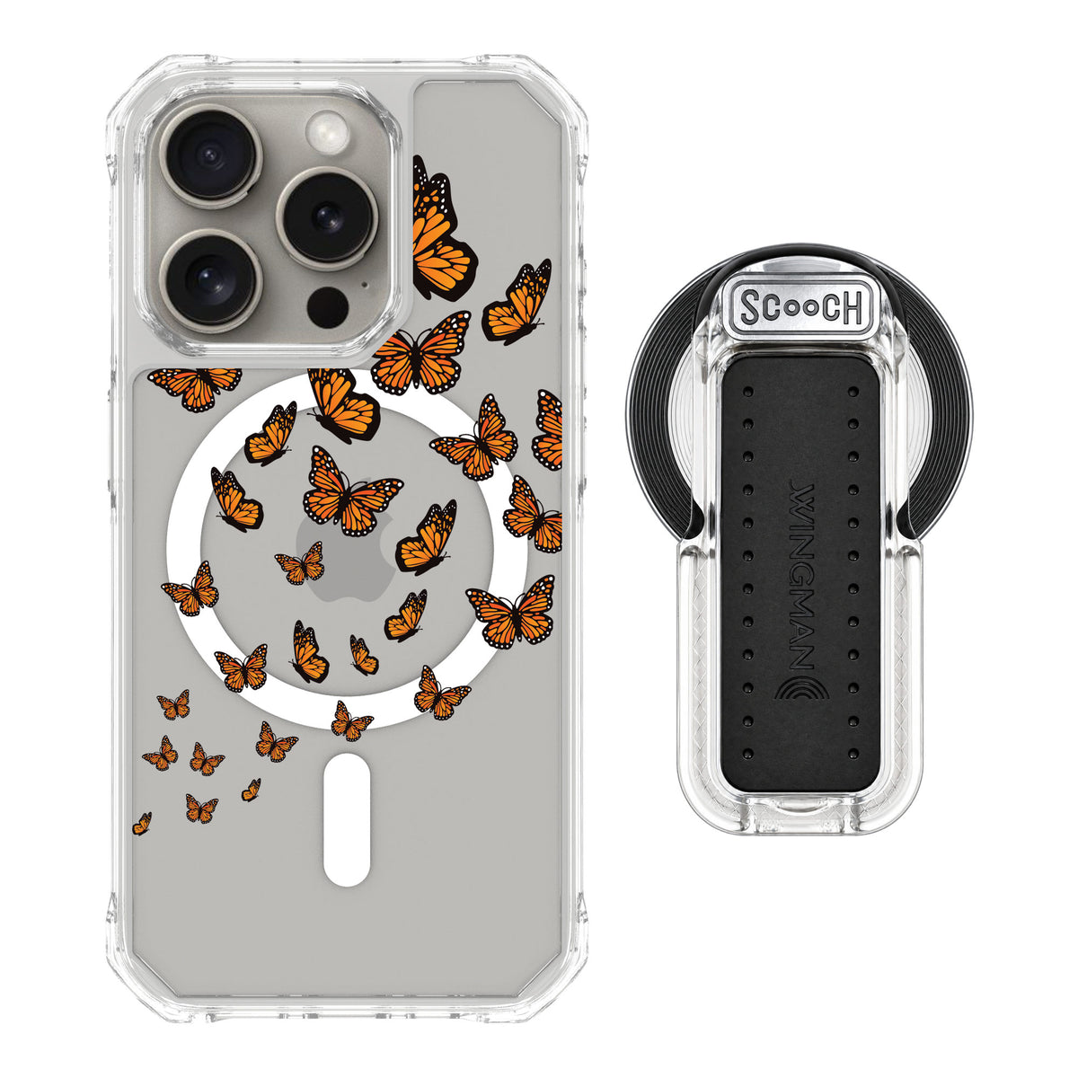 Scooch MagCase Monarch Flight for iPhone 15 Pro — MagSafe Wingback Bundle - Clear