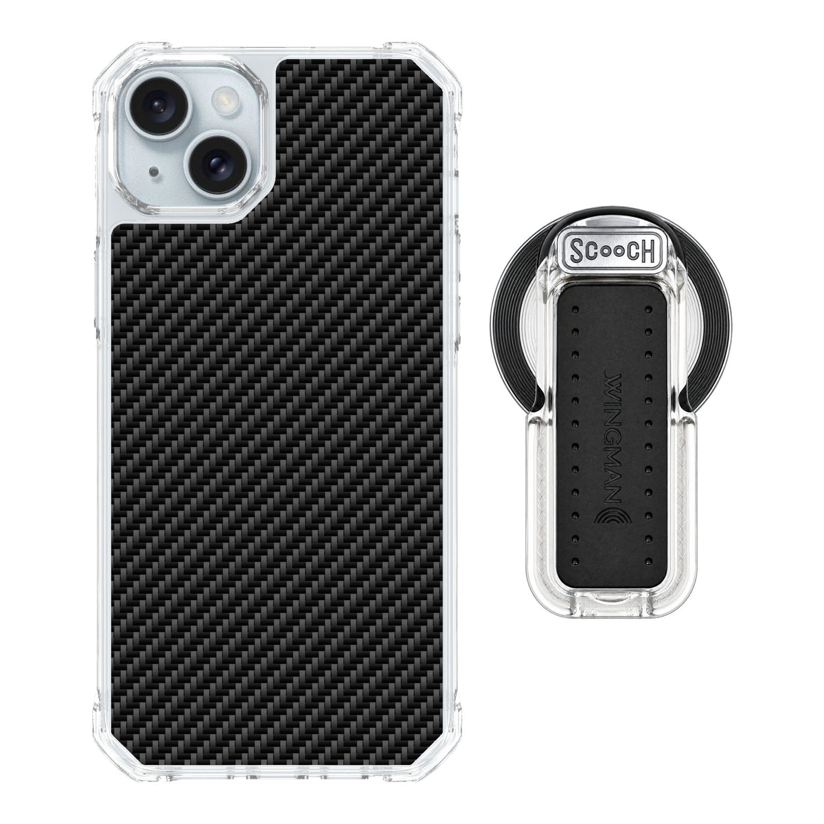 Scooch MagCase Carbon Fiber for iPhone 14 Plus — MagSafe Wingback Bundle - Clear