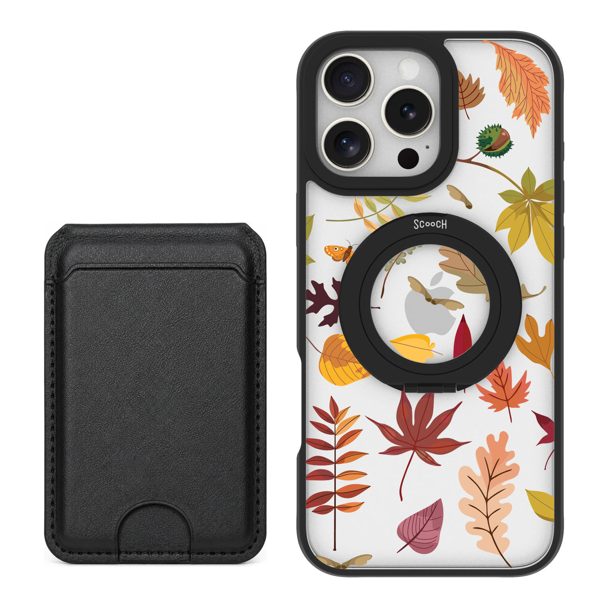 Scooch MagCase Autumn Leaves for iPhone 16 Pro Max — Black MagWallet Bundle