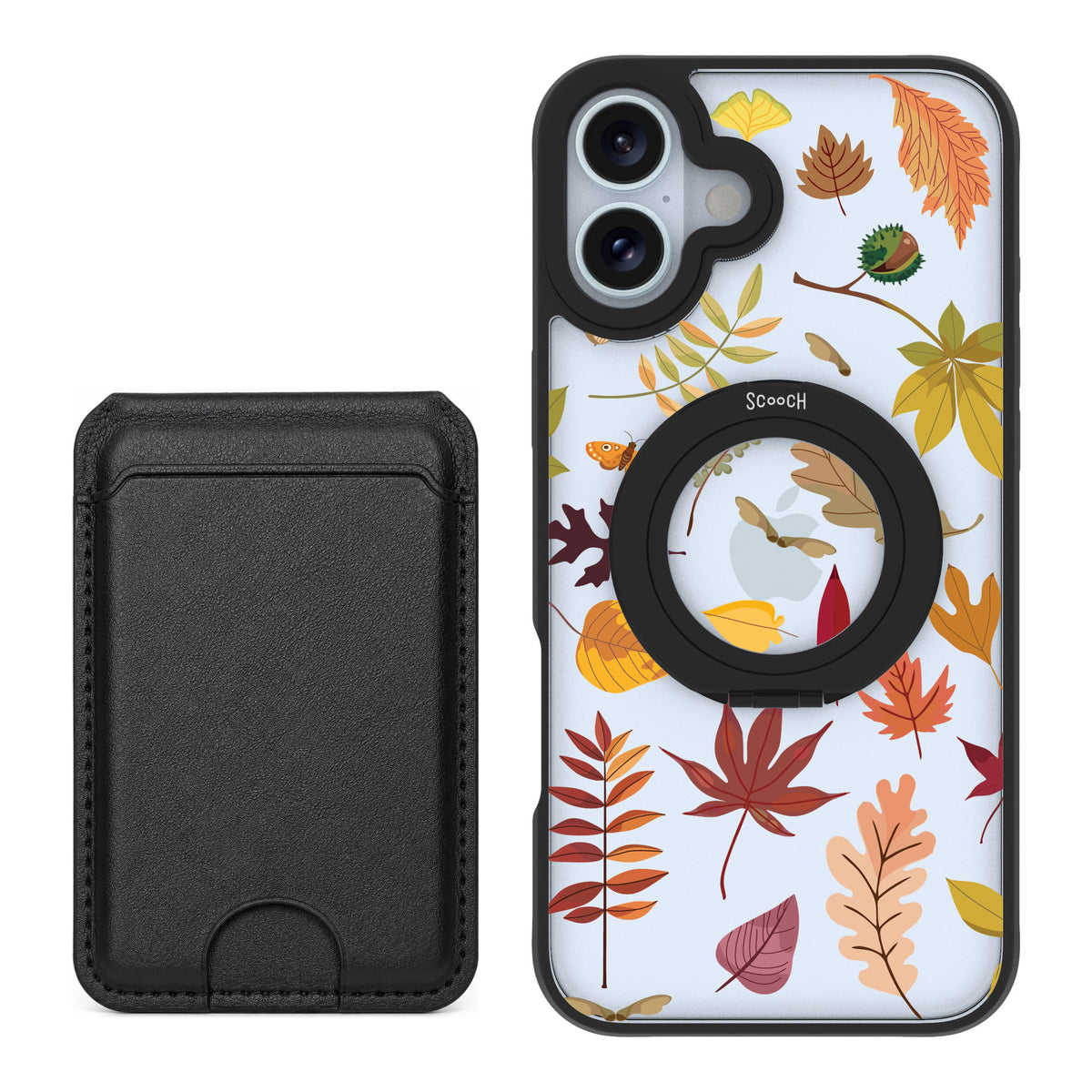 Scooch MagCase Autumn Leaves for iPhone 16 Plus — Black MagWallet Bundle