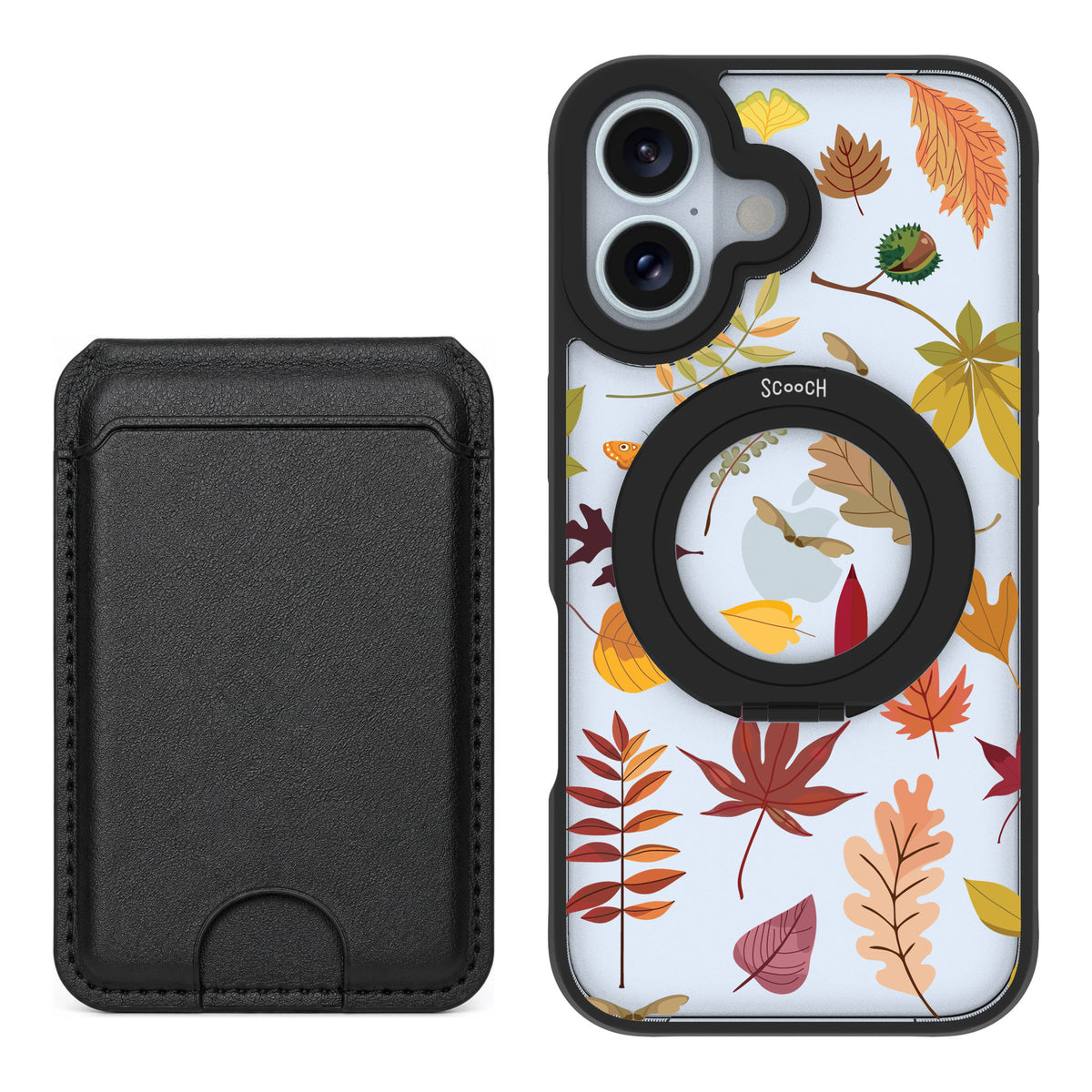 Scooch MagCase Autumn Leaves for iPhone 16 — Black MagWallet Bundle