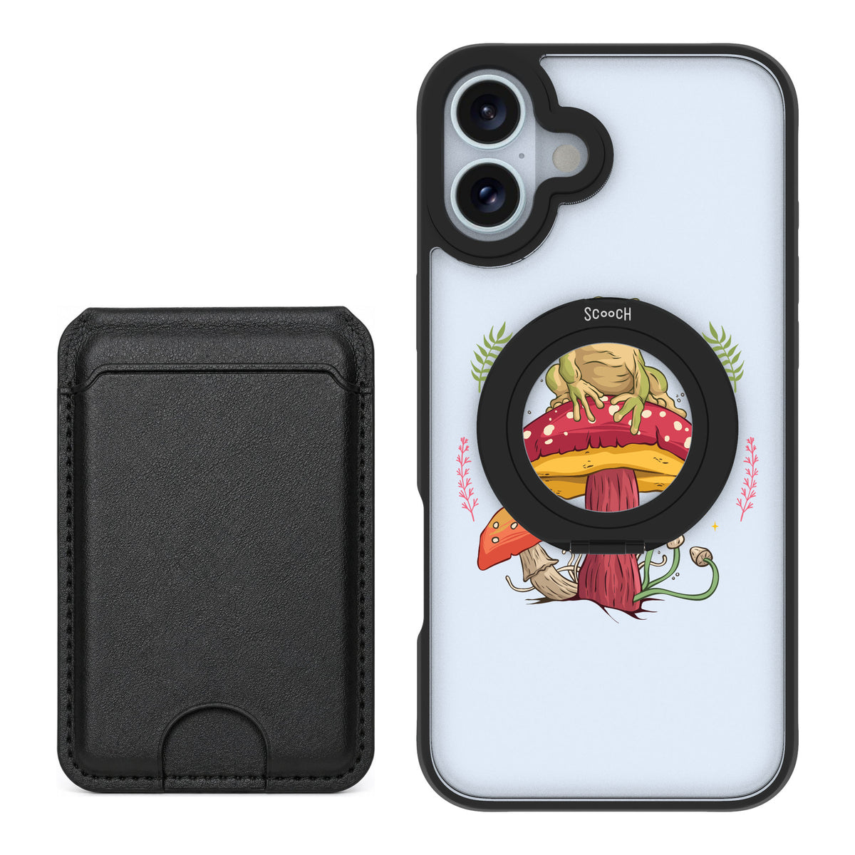 Scooch MagCase Toadstool Frog for iPhone 16 Plus — Black MagWallet Bundle