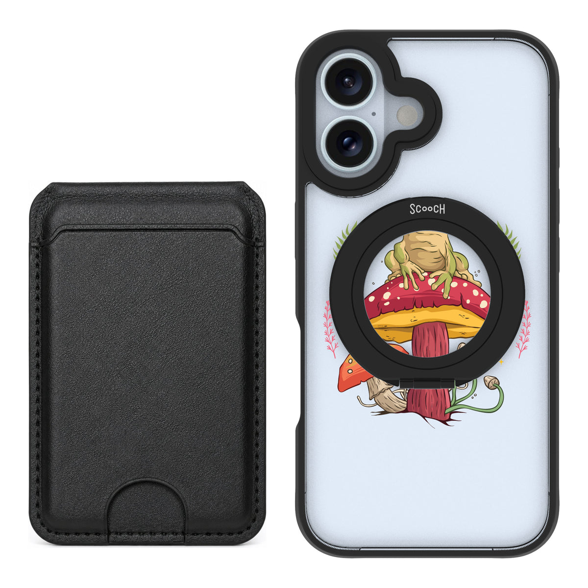 Scooch MagCase Toadstool Frog for iPhone 16 — Black MagWallet Bundle