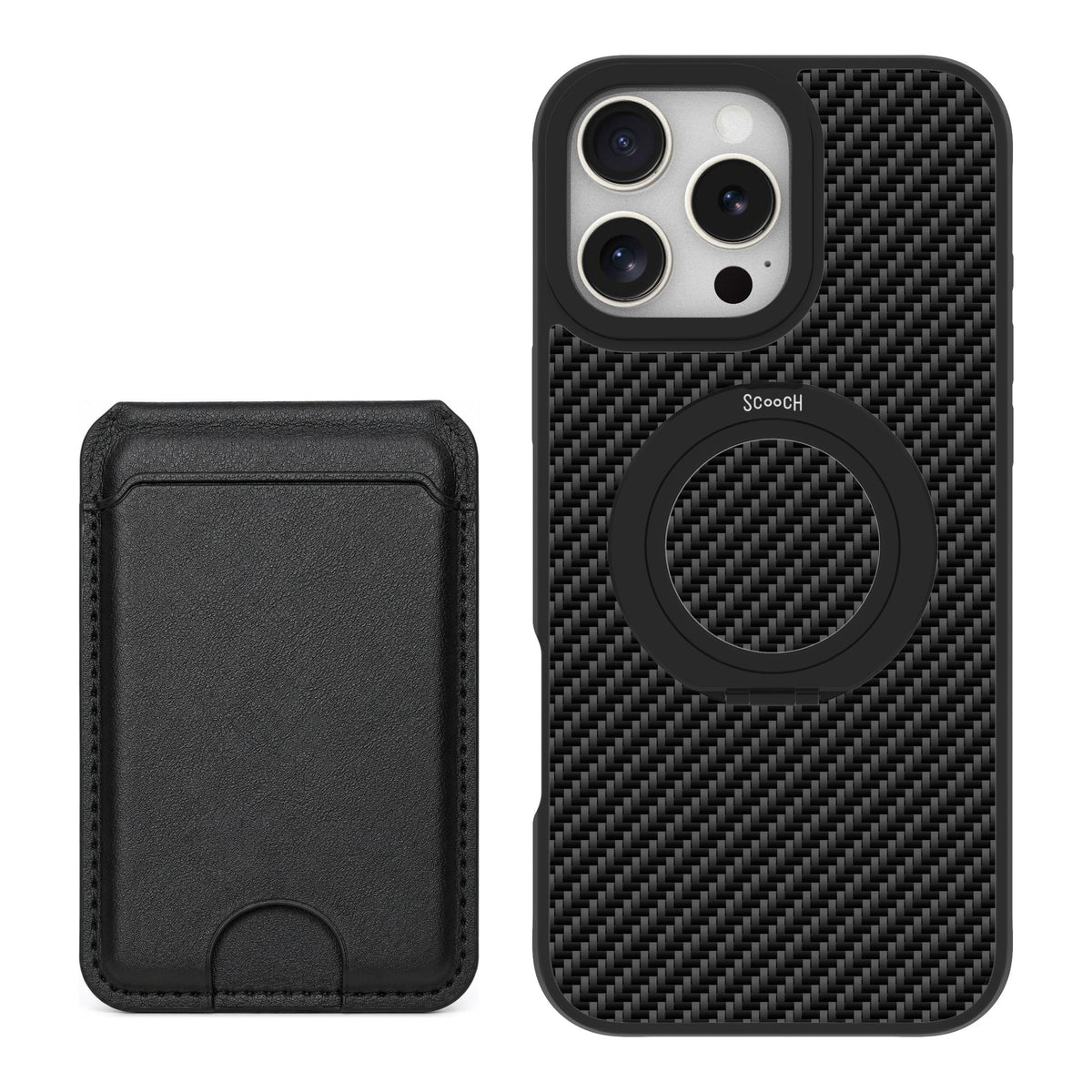 Scooch MagCase Carbon Fiber for iPhone 16 Pro Max — Black MagWallet Bundle