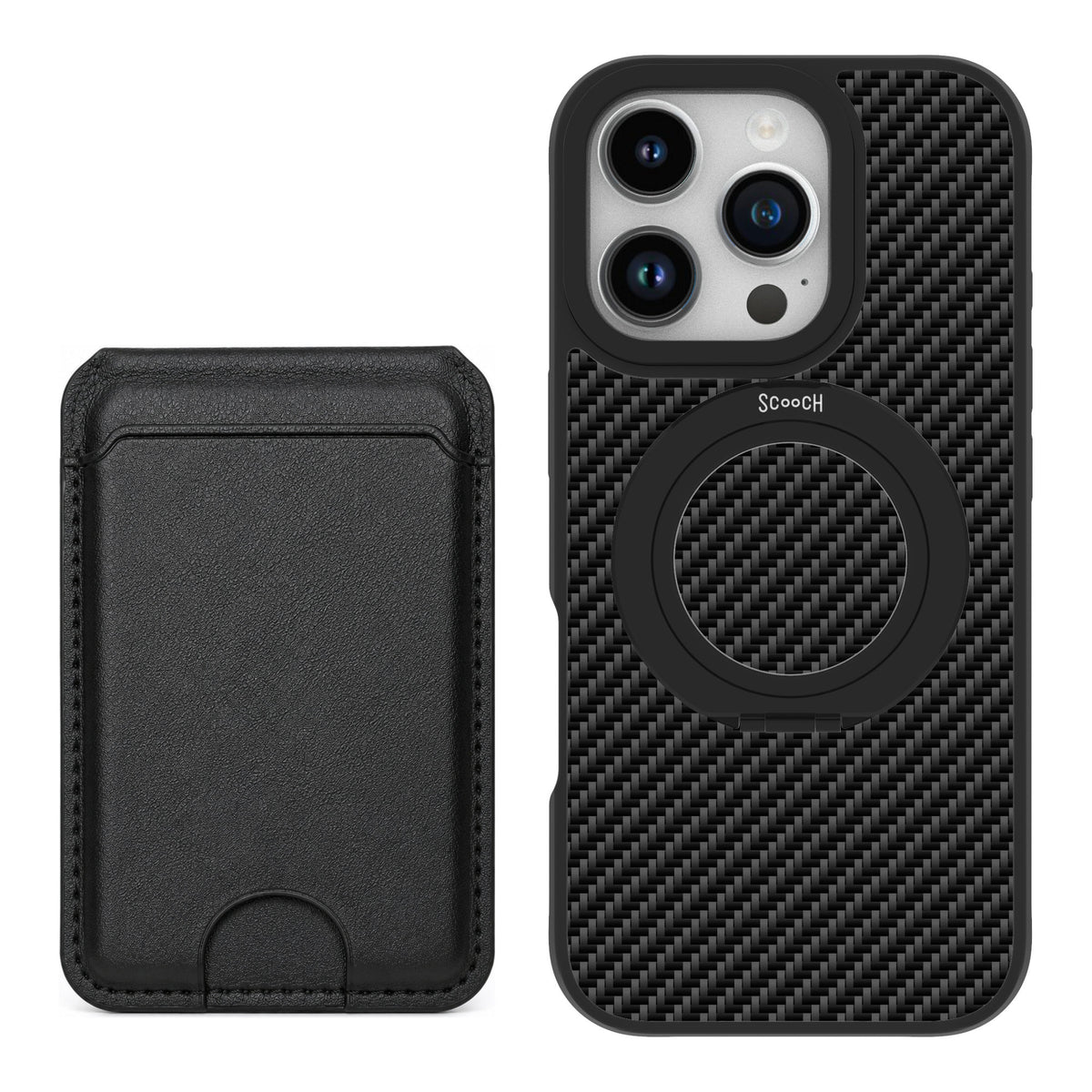 Scooch MagCase Carbon Fiber for iPhone 16 Pro — Black MagWallet Bundle
