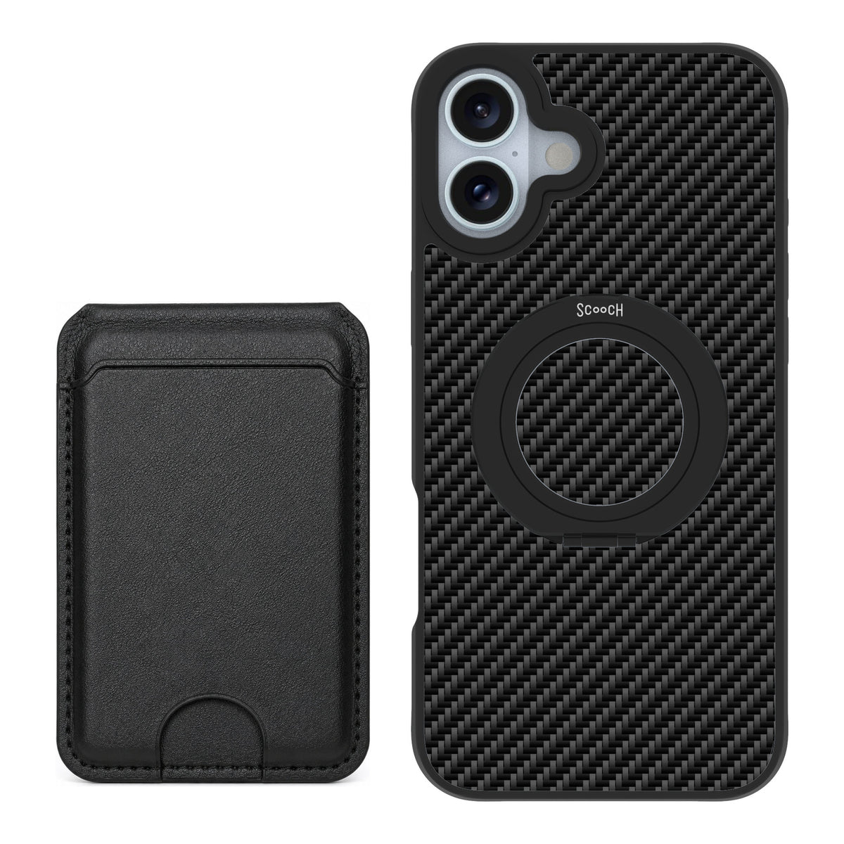 Scooch MagCase Carbon Fiber for iPhone 16 Plus — Black MagWallet Bundle
