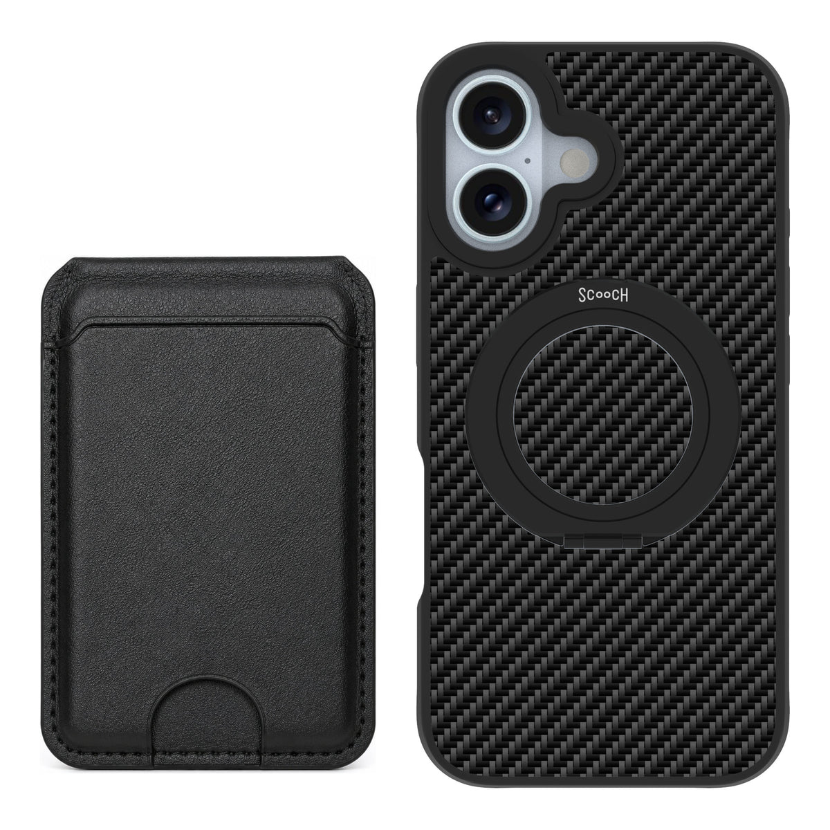 Scooch MagCase Carbon Fiber for iPhone 16 — Black MagWallet Bundle