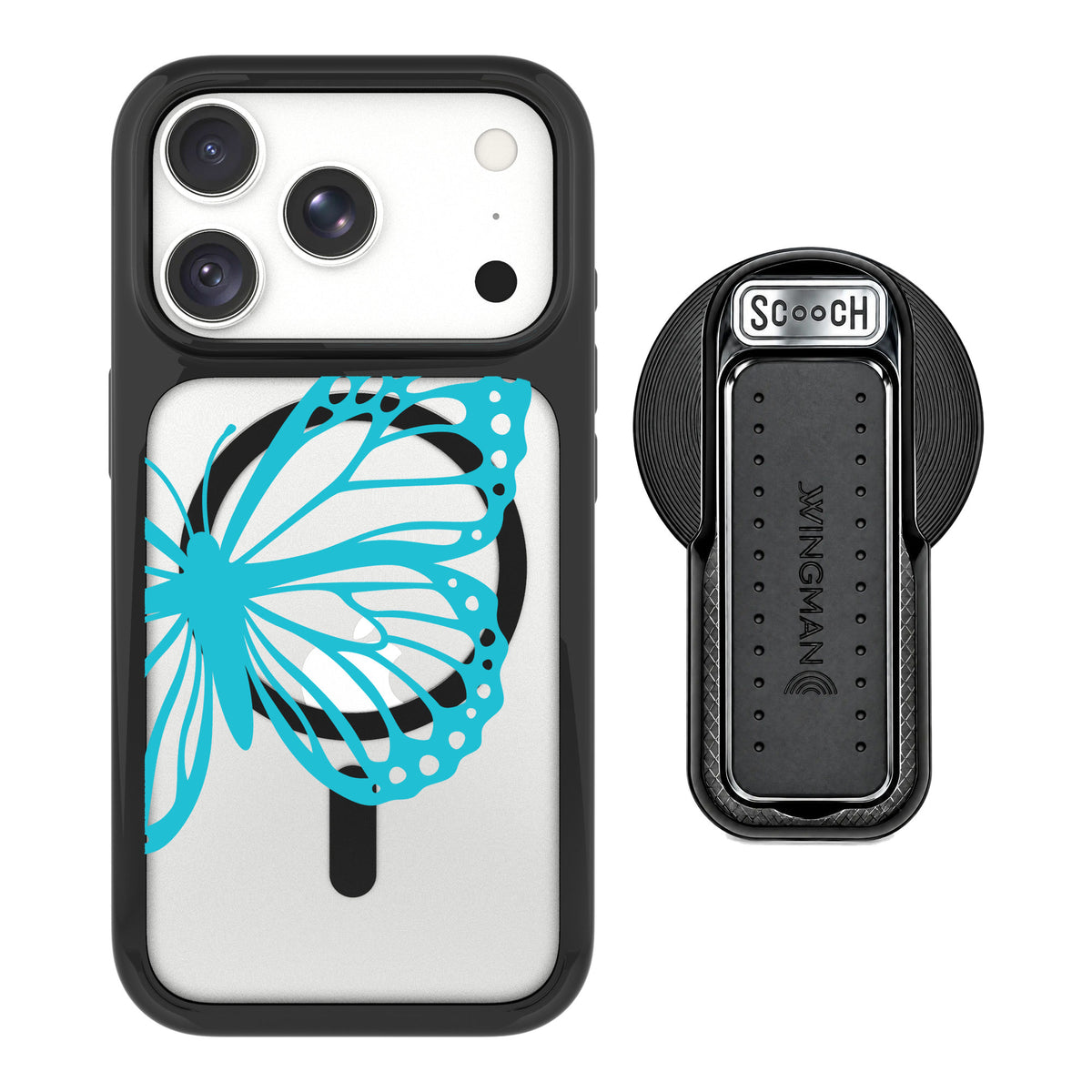 Scooch MagCase Azure Butterfly for iPhone 18 Pro Max — MagSafe Wingback Bundle - Black