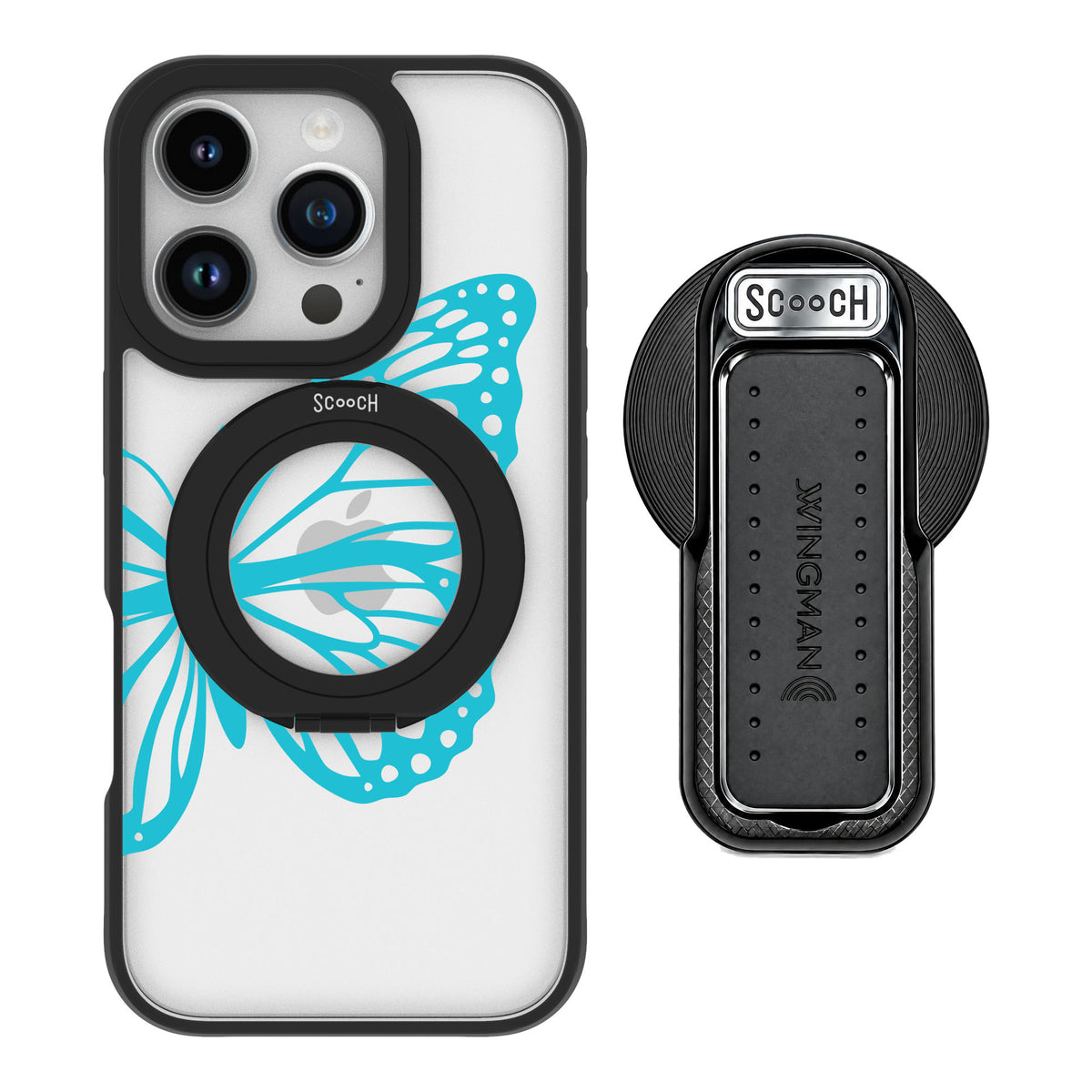 Scooch MagCase Azure Butterfly for iPhone 16 Pro — MagSafe Wingback Bundle - Black