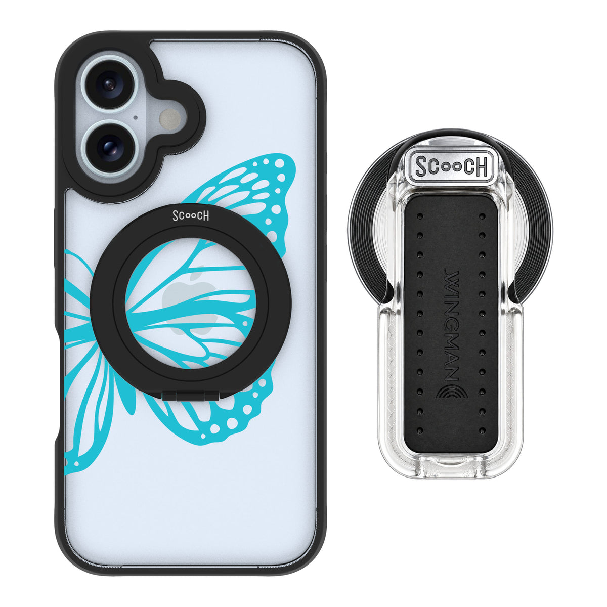 Scooch MagCase Azure Butterfly for iPhone 16 — MagSafe Wingback Bundle - Clear
