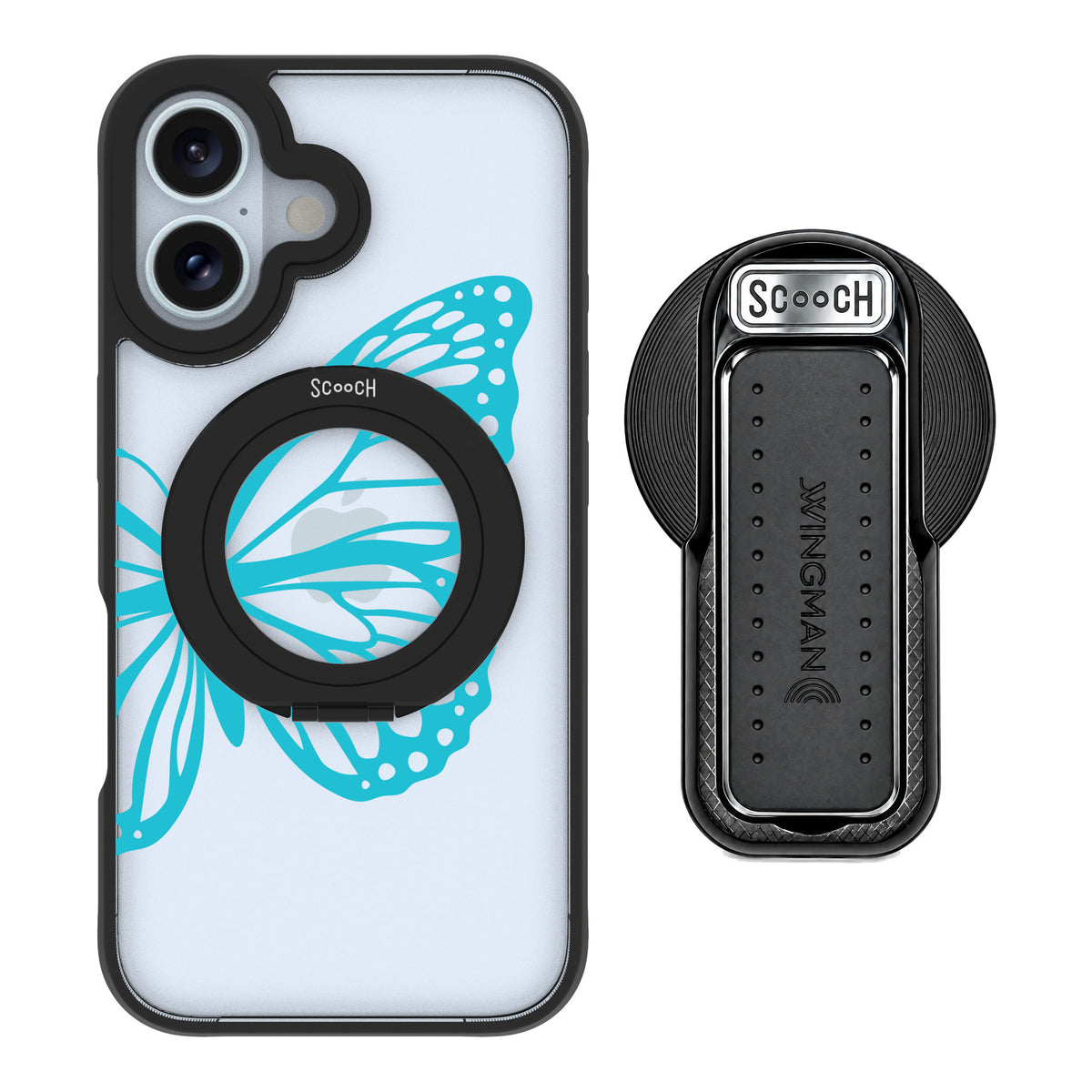 Scooch MagCase Azure Butterfly for iPhone 16 — MagSafe Wingback Bundle - Black