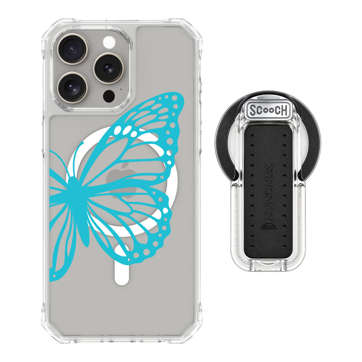 Scooch MagCase Azure Butterfly for iPhone 15 Pro Max — MagSafe Wingback Bundle - Clear