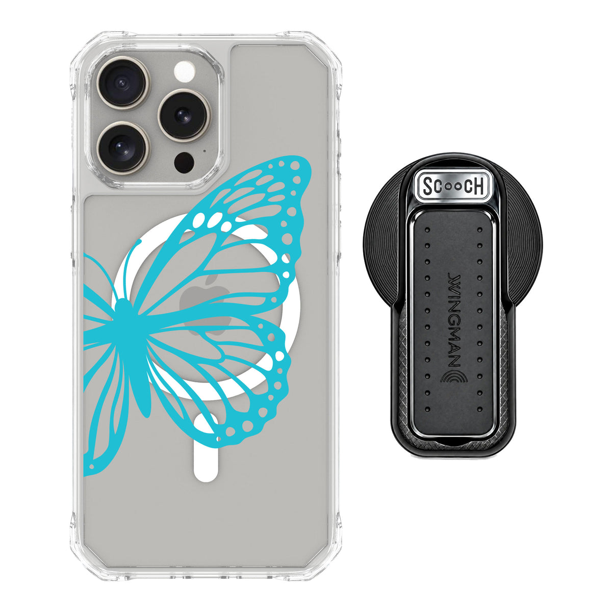 Scooch MagCase Azure Butterfly for iPhone 15 Pro Max — MagSafe Wingback Bundle - Black