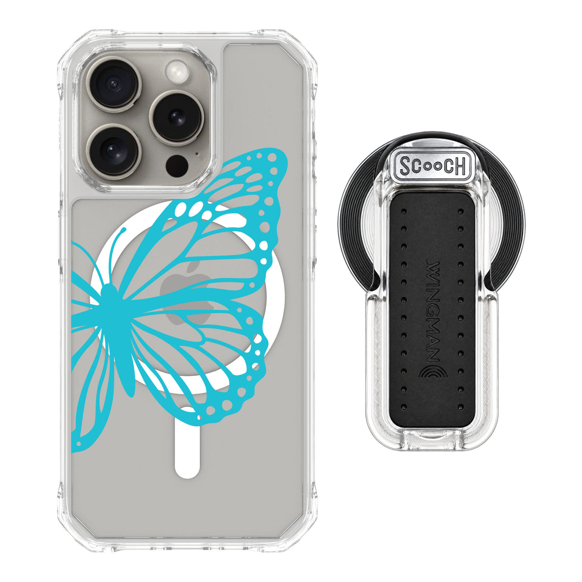 Scooch MagCase Azure Butterfly for iPhone 15 Pro — MagSafe Wingback Bundle - Clear