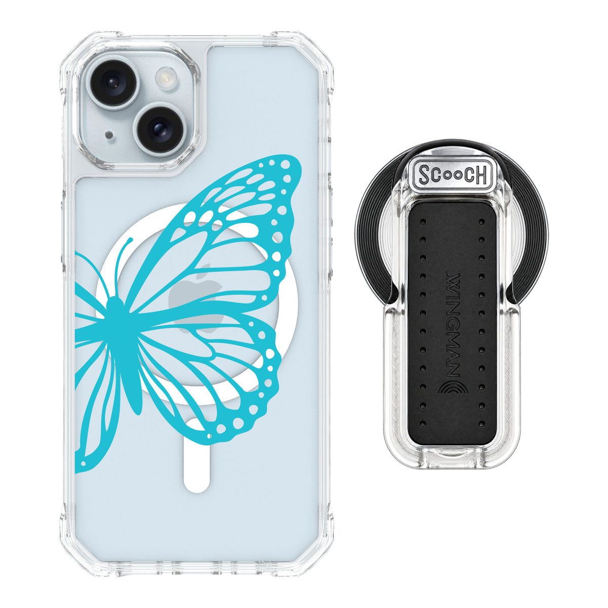 Scooch MagCase Azure Butterfly for iPhone 15 — MagSafe Wingback Bundle - Clear