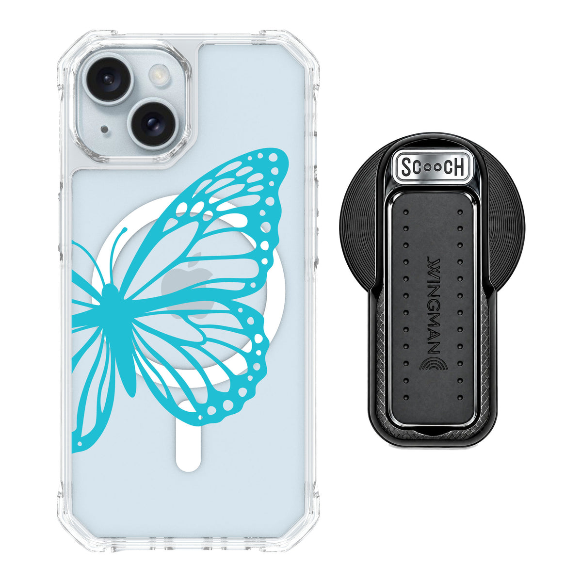 Scooch MagCase Azure Butterfly for iPhone 15 — MagSafe Wingback Bundle - Black