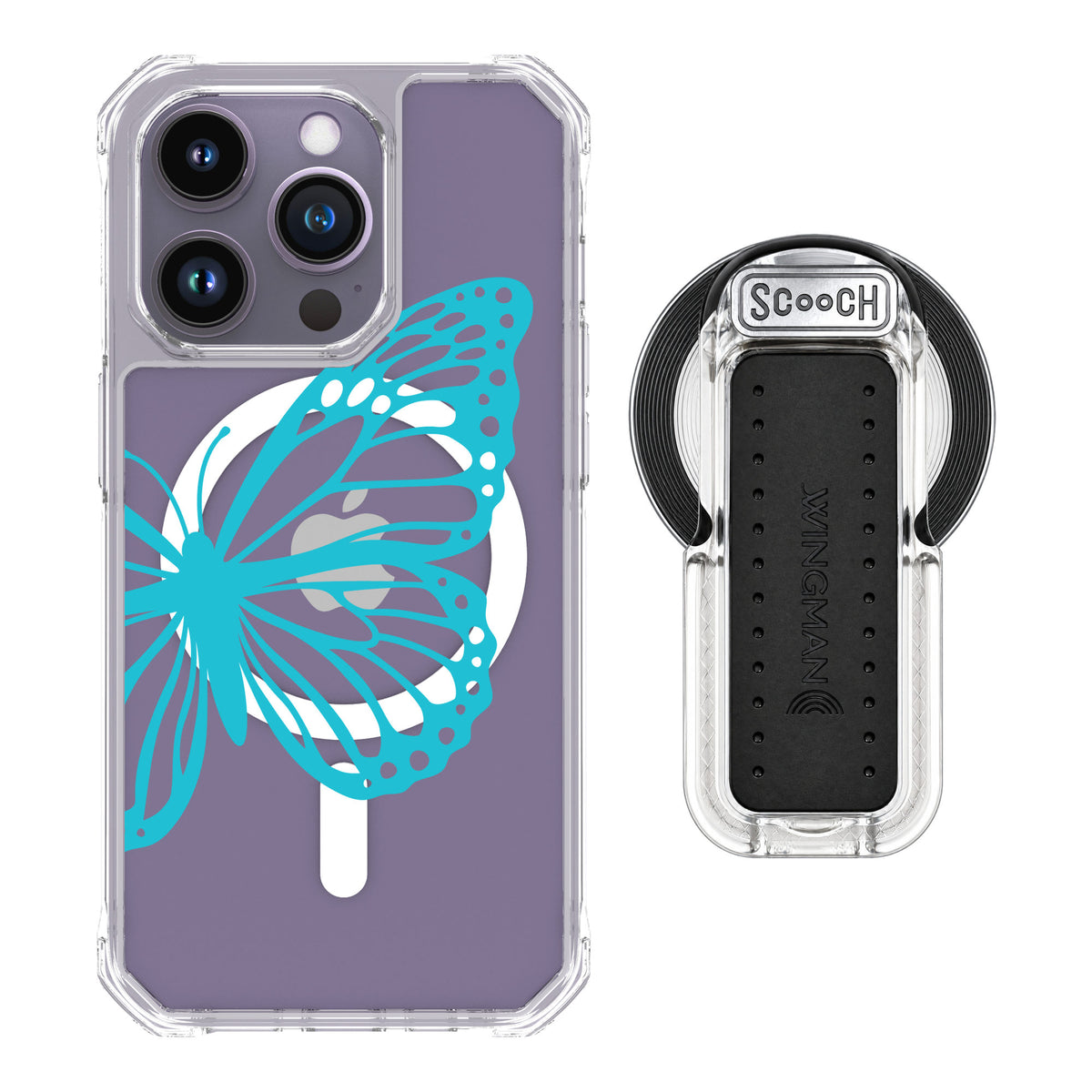Scooch MagCase Azure Butterfly for iPhone 14 Pro — MagSafe Wingback Bundle - Clear