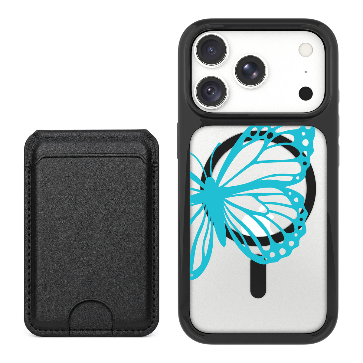 Scooch MagCase Azure Butterfly for iPhone 18 Pro — Black MagWallet Bundle