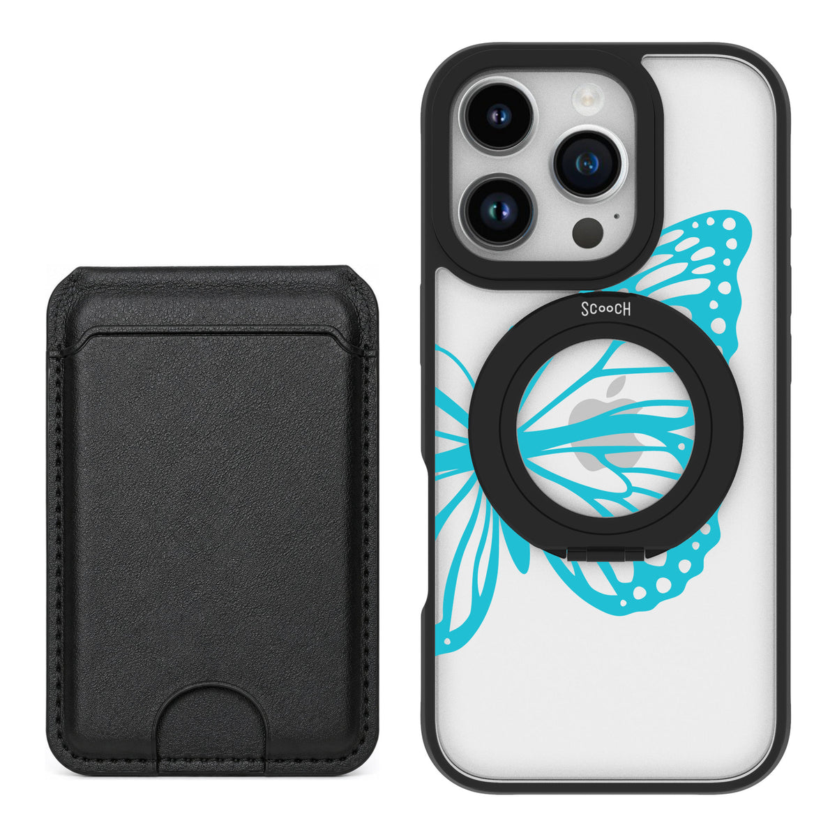 Scooch MagCase Azure Butterfly for iPhone 16 Pro — Black MagWallet Bundle