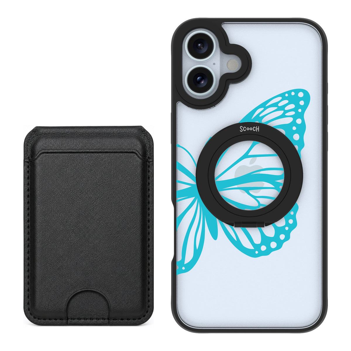 Scooch MagCase Azure Butterfly for iPhone 16 Plus — Black MagWallet Bundle
