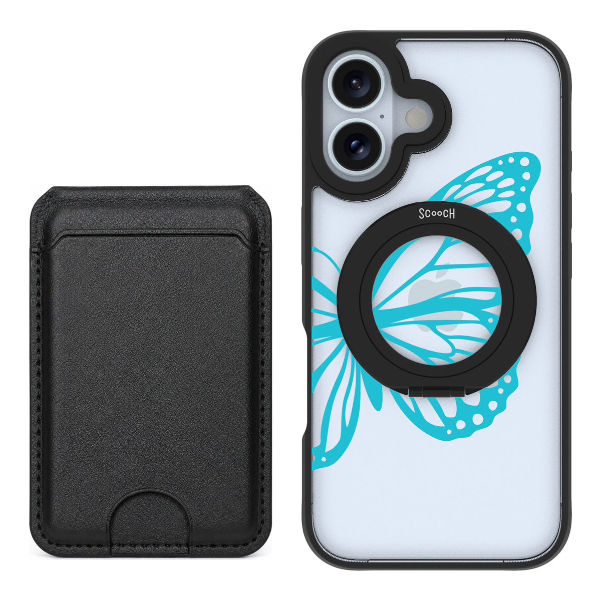 Scooch MagCase Azure Butterfly for iPhone 16 — Black MagWallet Bundle